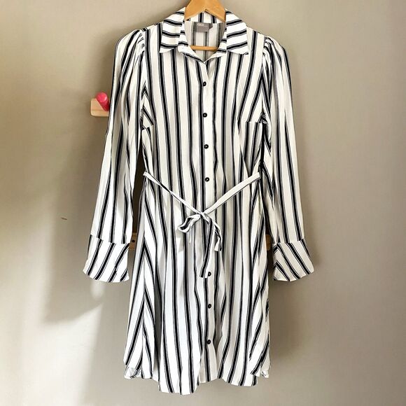 ASOS Black + White Striped Belted Button Down Shirt Dress w/ Trumpet Sleeves - Picture 1 of 10